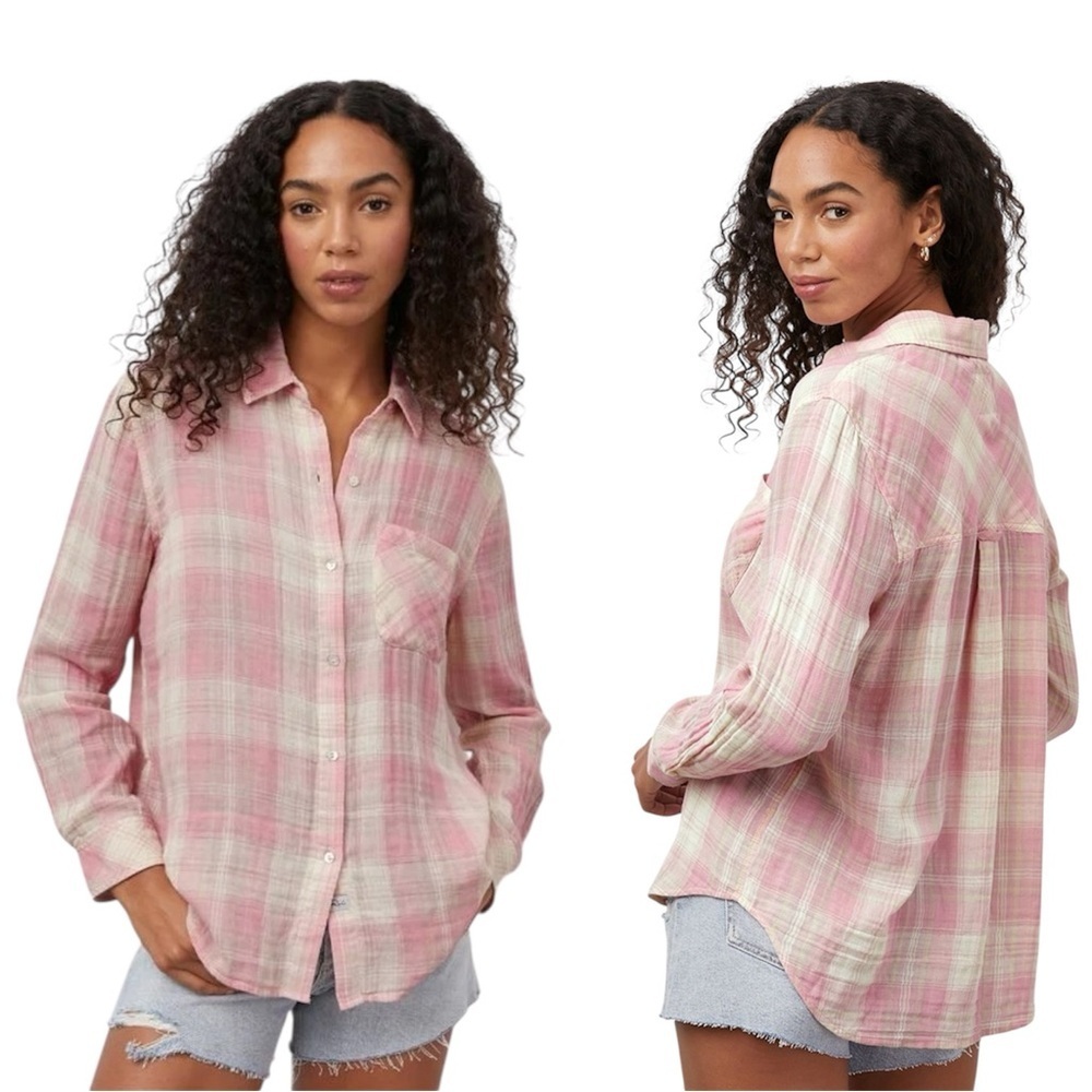 $168 Rail’s Ellis Cotton Organic Button Down Plaid Women's Top Rose 0030